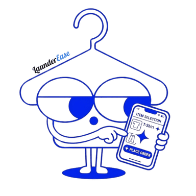 LaunderEase mascot holding a phone showing the order screen
