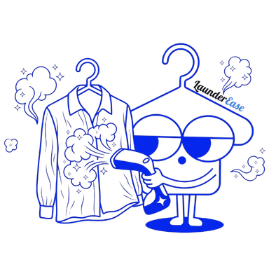 LaunderEase mascot using a garment steamer on a shirt