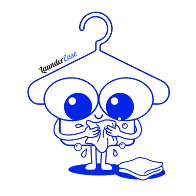 LaunderEase mascot wringing out a cloth next to folded towels
